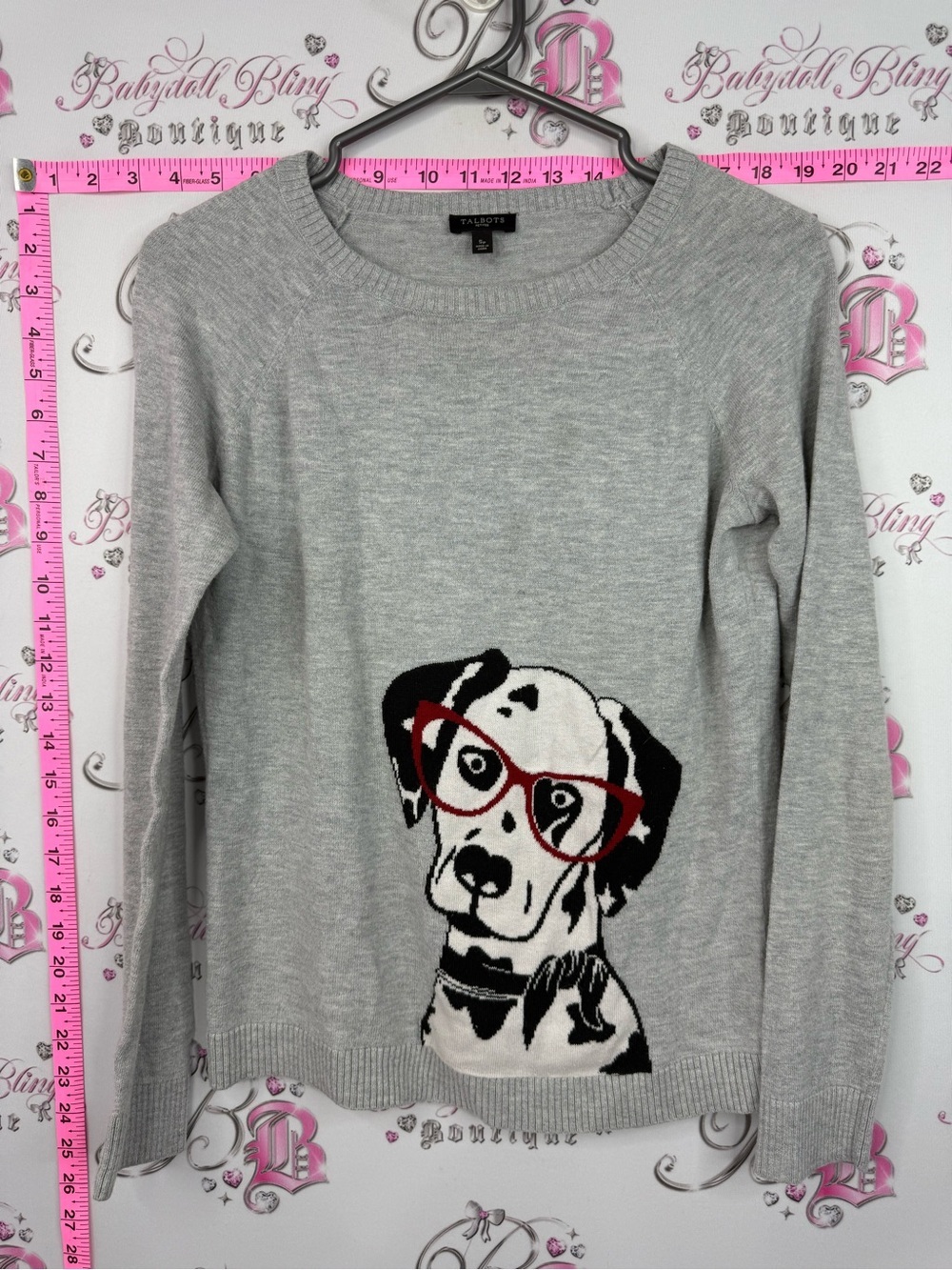 Talbots Petite Light Gray Crewneck Sweater Dalmatian dog